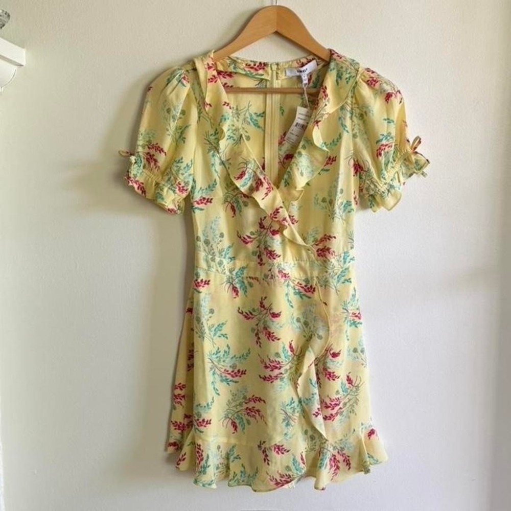 LIKELY yellow floral mini‎ dress with ruffle details and tie back